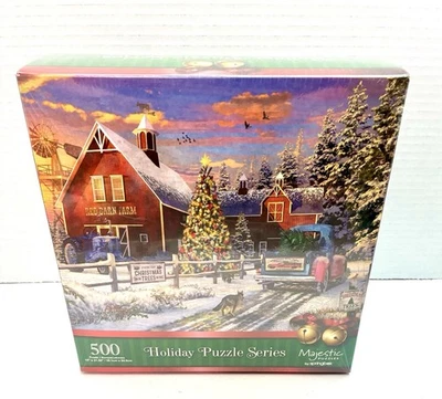 Red Barn Tree Farm Puzzle Majestic Springbok Christmas Jigsaw 500 pc New  Sealed - Image 1 of 4