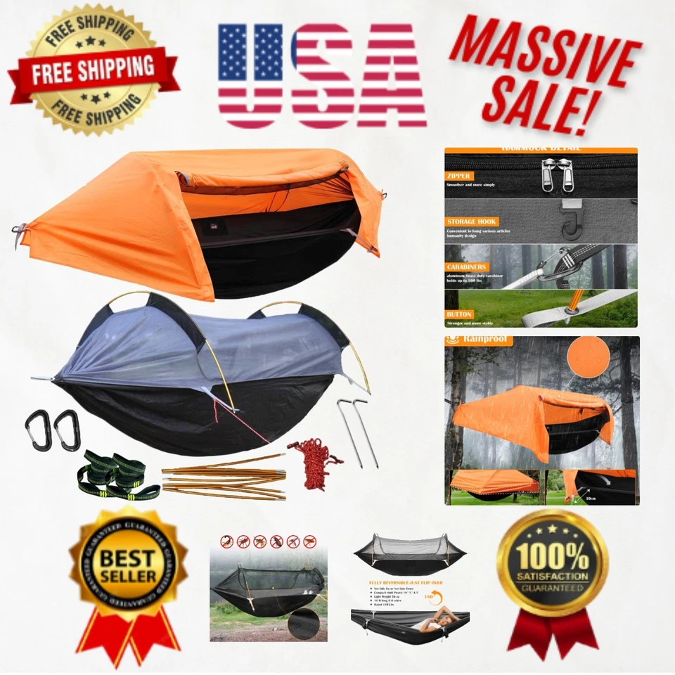 Patent Camping Hammock With Mosquito Net and Rainfly Cover Yellow