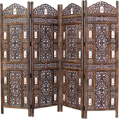 Room Divider Wood Screen - Ghanti Bells Antique Brown - 4 Panel Folding 72 X 80 - Image 1 of 4