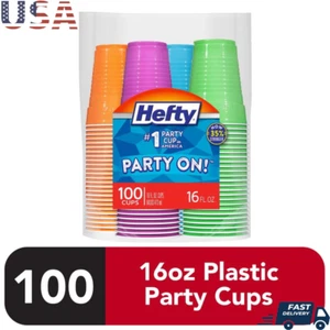 Disposable Plastic Party Cups 100 Count Easy Grip Durable 16oz Assorted Colors - Picture 1 of 7