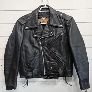 HARLEY DAVIDSON Black Leather Motorcycle Biker Cafe Racer JACKET Coat Mens 38R - Picture 1 of 10