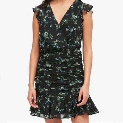Banana Republic Womens Dress 4 Black Floral Chiffon Ruched Mini Faux Wrap - Image 1 of 4