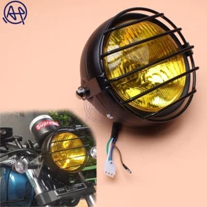 Motorcycle 12V 35W Hi/Low Blub Amber Headlight+Metal Retro Grill Mask Protector - Picture 1 of 8