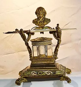 Antique Victorian Era Brass & Glass Inkwell The Bust Of Shakespeare Pearl Pen - Picture 1 of 14