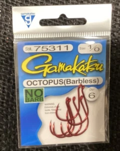 Gamakatsu Octopus Salmon Steelhead Barbless Fishing Hooks Red 75311 Size 1/0 - Picture 1 of 2