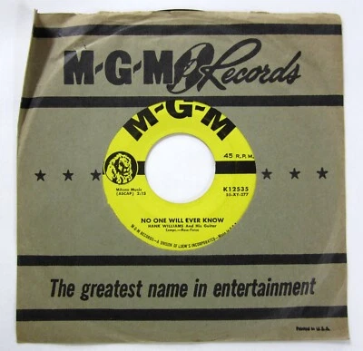 HANK WILLIAMS 45 No One Will Ever Know Walz of the Wind MGM Near-MINT  c5449 - Image 1 of 3