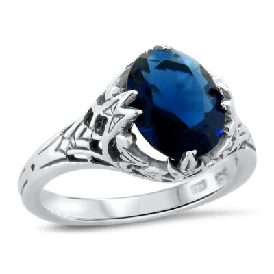 VICTORIAN STYLE 925 STERLING SILVER ROYAL BLUE SIMULATED SAPPHIRE RING     1138Z - Image 1 of 4