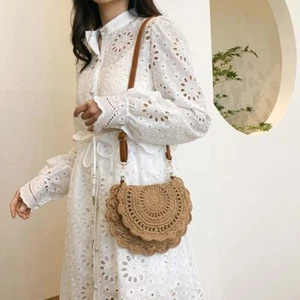 Retro Cotton Thread Woven Bag Flower Edge Summer Beach Flip Pouch Storage - Picture 1 of 16