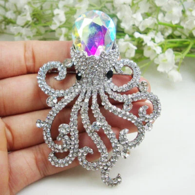 Fashion Jewelry Pretty Octopus Rhinestone Crystal Art Nouveau Brooch Pin Clear - Image 1 of 4