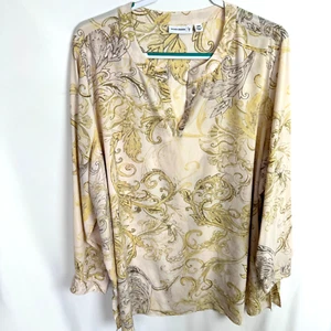 Susan Graver Women's Blouse Top Size 28W/3X Yellow/Beige Print Long Sleeves - Picture 1 of 7