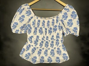 NFC Blue Floral Peasant Top L Large Smocked Puff Sleeve Cotton Boho Blouse Cute - Picture 1 of 11
