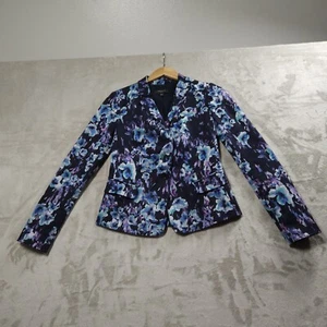 Ann Taylor Blazer Womens 2 Black Purple Watercolor Floral Jacket Colorful Career - Picture 1 of 12
