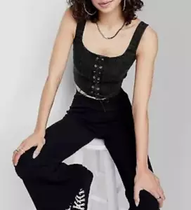 Black Denim Corset Top Size M Biker Whimsigoth Grunge Bustier Renaissance NEW - Picture 1 of 11