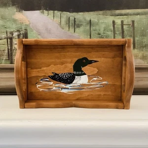 Vintage Handcrafted Wood Scalloped Tray HandPainted Loon Duck Rustic Cottagecore - Picture 1 of 13