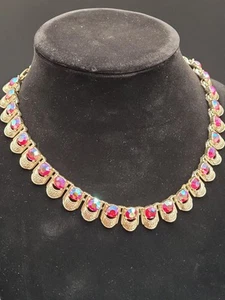 Coro Necklace Red Aurora Borealis Stones 17.25 Inch White Gold Tone Signed - Picture 1 of 19