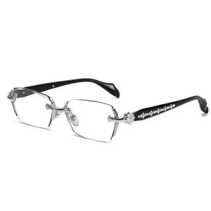 Clear Lens Silver Frame Retro Cross Style Edge Cut Luxury Rimless Eye Glasses - Picture 1 of 5