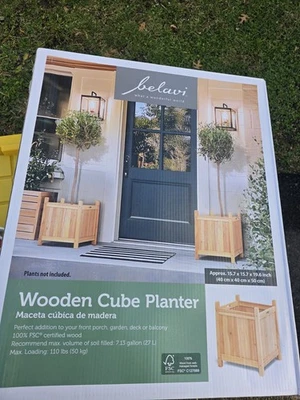 NIB BELAVI WOODEN CUBE PLANTER - Image 1 of 3