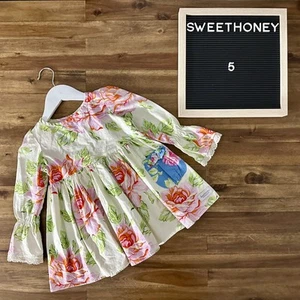 NEW SweetHoney Long Sleeves Abigail Floral Tunic Cream Pink Blue Cotton Lace 5 - Picture 1 of 9