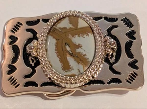 Western Style Belt Buckle Silver Tone Gold Tone Trim Polished Agate Oval Center - Imagen 1 de 4