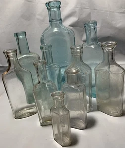 Menge 10 antike Klar & Aqua Glas Korken Top Medizin Flaschen - Bild 1 von 13