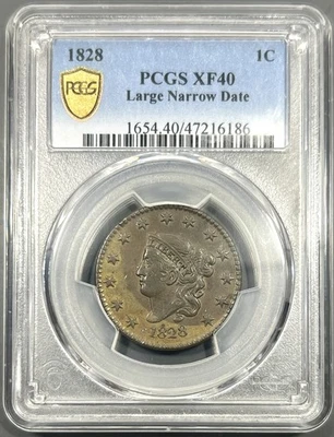 1828 Large Narrow Date PCGS XF40 Coronet Head Large Cent 1C - Original Brown - Image 1 of 3