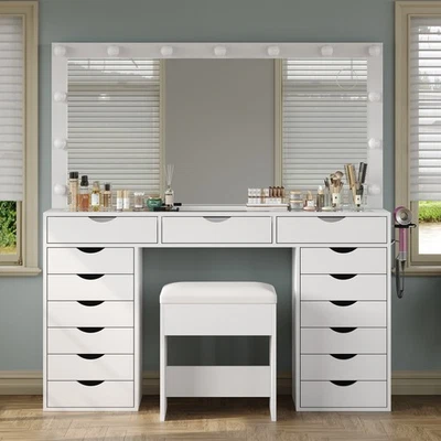 Yanosaku Vanity Desk with Mirror, 15 Drawers Vanity with Lights, Chair - Image 1 of 4