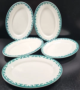 5 McNicol China Green Geometric Oval Serving Platters Set Vintage Restaurant MCM - Picture 1 of 24