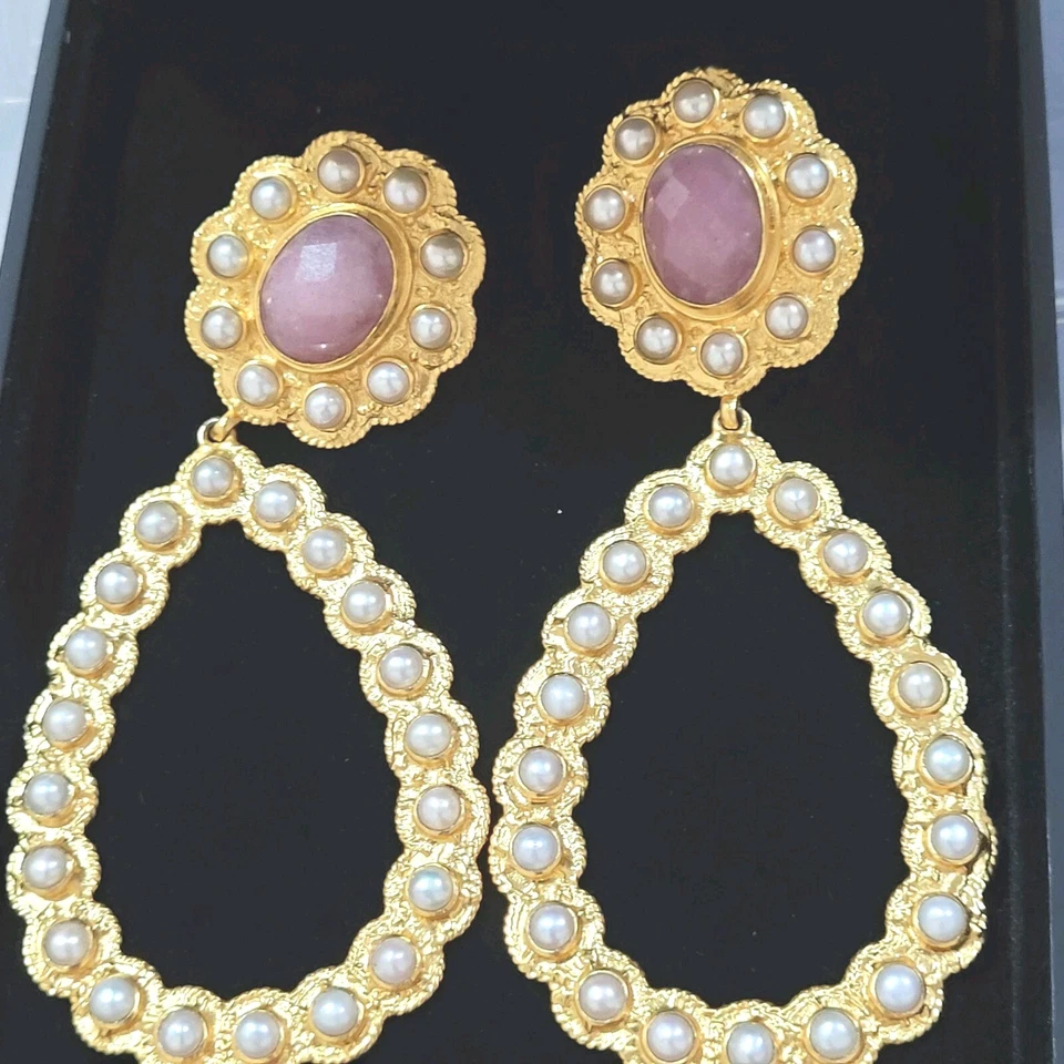 ✨️VALÉRE✨️ BRINCOS DE GOTA ENORME QUARTZO ROSA E PÉROLAS FOLHEADOS A OURO 24k - Imagem 1 de 4