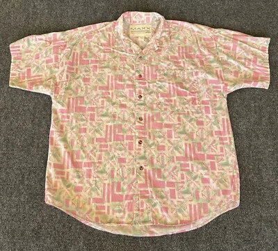 Maxx FM Mens VTG Shirt Pink Green Geometric AOP Button Up 1990s - Image 1 of 4