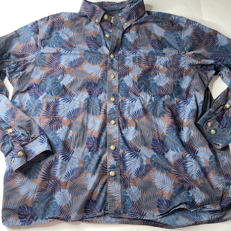 Duluth Trading Co Mens Button Down Shirt Sz 2XL   TALL Blue Hawaiian PALM Leaves - Image 1 of 4