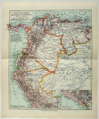 Peru, Ecuador, Columbia & Venezuela - Original 1926 Map By Meyers. Vintage • 12.91£