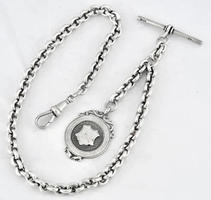 Antique English Sterling Silver Pocket Watch Chain Set = Open Cable Links = 1925 - Picture 1 of 6