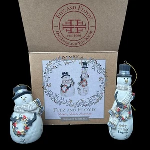 Fitz and Floyd Wintry Woods Schneemann Ornament und Glocke Set Weihnachten 2 Stück - Bild 1 von 15