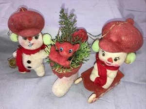 Vintage Christmas 3 Flocked Ornaments Hong Kong Snowman Fawn Sleigh Boot - Picture 1 of 9