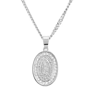 Silver Plated Iced Virgin Mary Mini Pendant 20" Cuban Chain Necklace CP 226 S - Picture 1 of 3