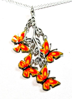 Silver Tone Yellow & Orange Butterflies On Branch 18 英寸项链 - 全新带标签 (#3114) — 第 1/4 张图片