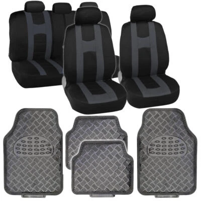 Black/Charcoal Striped Seat Covers Full Set w/ Shiny Metallic Carbon Floor Mats - Image 1 of 4