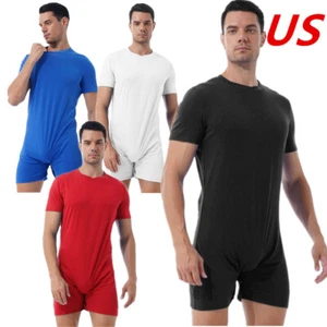 Mens One Piece Short Sleeve Boxer Rompers Workout Sports Exercise Bodysuit - Picture 1 of 56