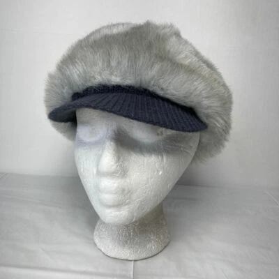 Vintage Womens Gray Hat Cap Beanie w Pompom & Knit Visor Small Faux fur - Image 1 of 4