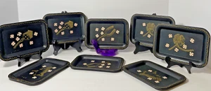 Good Luck Theme Nashco 8 Vintage MCM Snack Tole Metal Blk Gold Pigs Dice Clovers - Picture 1 of 13