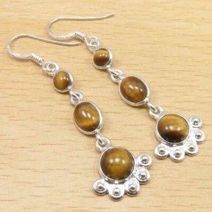 Origins Handmade Jewelry TIGER'S EYE Earrings 2.1" 925 Solid Sterling Silver - Picture 1 of 2