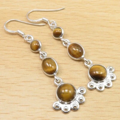 Origins Handmade Jewelry TIGER'S EYE Earrings 2.1" 925 Solid Sterling Silver - Image 1 of 2