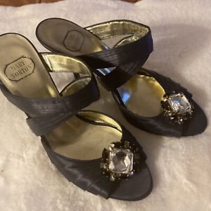 mary norton Sz6  36 sandals navy high heel strappy jewel stones satin fabric