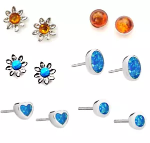 Pendientes de tachuelas de plata esterlina 925 genuino ámbar azul ópalo para mujeres niñas caja de regalo - Imagen 1 de 16