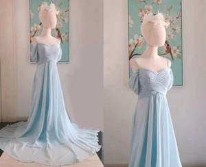 Bonitos vestidos de dama de honor retro azules con hombros descubiertos con mangas de gasa cremallera largos - Imagen 1 de 11