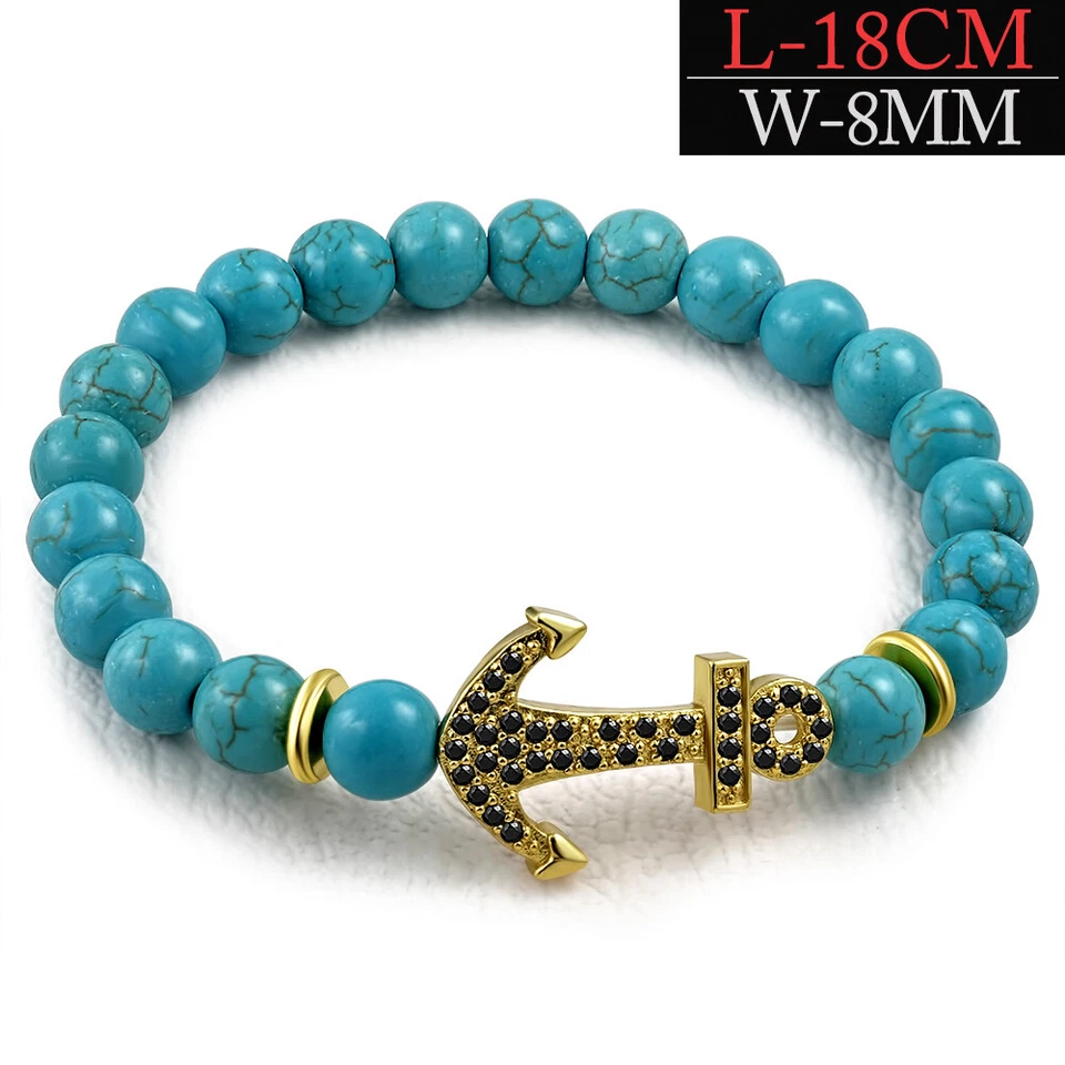 Armband Türkisstein Grünblau Bali Style Anker Gold Zirkonia Meditation Bracelett - Bild 1 von 1