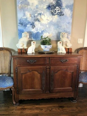 Antique French Country Buffet Sideboard Server Petite Short Drawers Keyed Cover