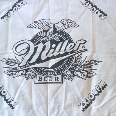 Vintage Miller Beer Branded KXJDFM Logo White Bandana Biker 80's Radio Nebraska - Image 1 of 3