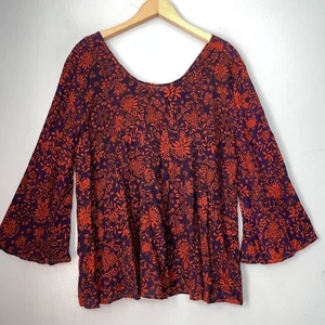 ONeill Size Medium Navy Orange Dark Floral Gauze Peasant Top Boho Prairie Earthy - Picture 1 of 10