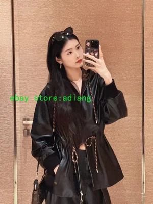Cintura CordónvPU Cuero Capucha Chaqueta Fresco Marrón Forro Mujer 2025 Negro Foto 1 de 4